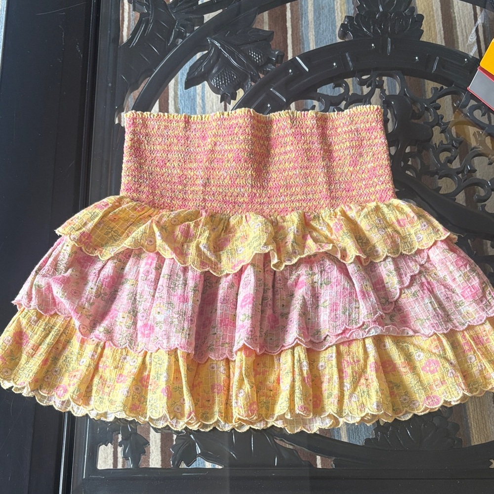 LoveShackFancy Smocked Tiered Ruffle Skirt - Pink and Yellow - Picture 2 of 3